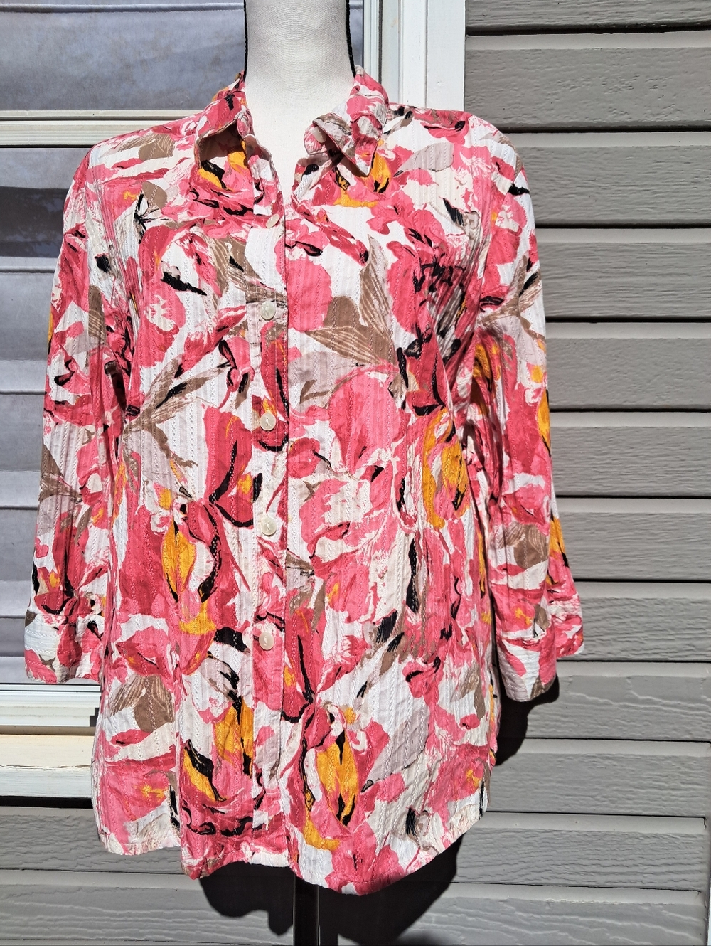 Kim Rogers 16p Cotton Floral Button-Up Blouse Shirt Top Ladies EUC